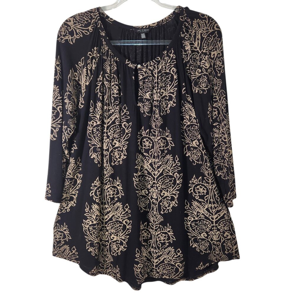 Lucky Brand Top Women Size 1X Black Beige 3/4 Raglan Sleeve Viscose Relaxed Fit